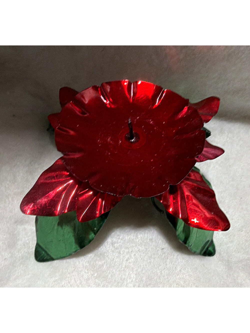 Red & Green Metal Poinsettia Flower Taper Candle Holder, Metallic Finish